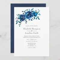 Navy and White Watercolor Floral Wedding Invitation