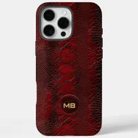 Red Snakeskin Leather Print Embossed Monogram iPhone 16 Pro Max Case