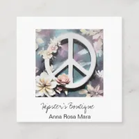 *~* Grunge White Peace Sign Flowers  Boho QR AP57 Square Business Card