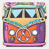 Retro Hippie Van flowers Vintage Colors Art Square Sticker