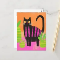 A Black Cat With Pink Stripes and Houseplants  Postcard