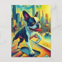 Colorful Boston Terrier Skateboarding Surreal Art Postcard