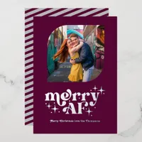 Berry Purple & Silver Pink Retro Christmas Photo Foil Holiday Card