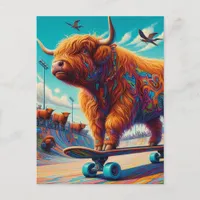 Skateboarding Surreal Highland Cow Postcard