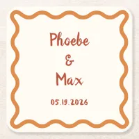 Handwritten Whimsical Wavy Border 70s Wedding  Square Paper Coaster