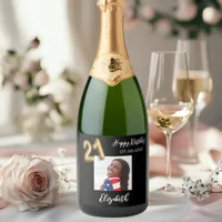 21st Birthday black gold photo Sparkling Wine Label