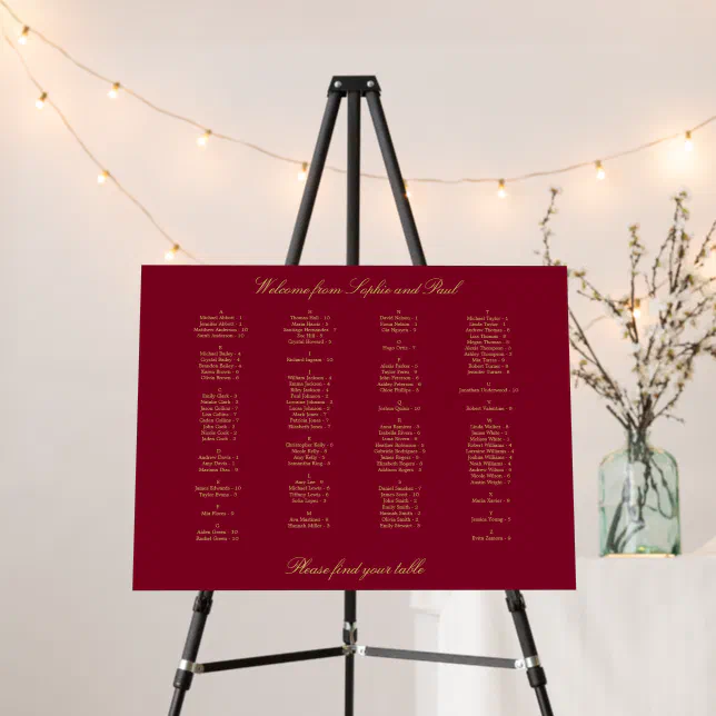 Burgundy Gold Alphabetical Seating Chart Foam Board