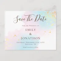 Pink Teal Watercolors Gold Wedding Save The Date Postcard