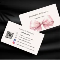 Pink bow beige cream qr code social media business card