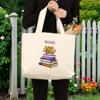 Pretty Vintage Books and Flowers Personalized Large Tote Bag