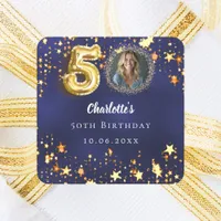 50th birthday navy blue gold stars photo square sticker