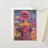 Surreal Pink Flower Lady collage Postcard