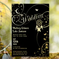 Boho Black and Gold Magical Dreamcatcher Wedding Foil Invitation