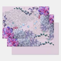 Blue purple watercolor succulents lace text wrapping paper sheets