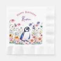 Penguin in Flowers Girl's Birthday Personalized Napkins