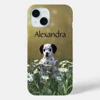 Cute Dalmatian Puppy in Daisies iPhone 15 Case