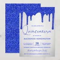Chic Royal Blue Glitter Drips Silver Quinceañera Invitation