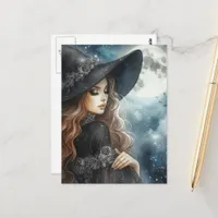 Witch Wearing Black and Silver and a Full Moon  Postcard