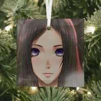 Brown Haired Blue Eyed Anime Girl Glass Ornament