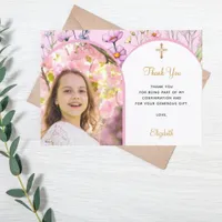 Pink florals photo arch girl cross Confirmation Thank You Card