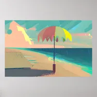 Teal and Peach Beach,  Mountain and Umbrella Poster