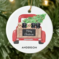 Labrador Puppies Personalized Red Christmas Truck  Ceramic Ornament