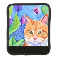 Colorful Watercolor Art | Orange Cat and Flowers Luggage Handle Wrap