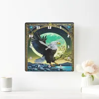 Eagle Perched on Rock With Moonlit Background Square Wall Clock