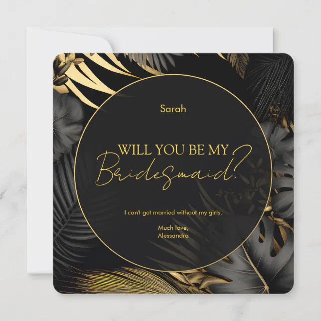 Modern Black Gold Tropical Wedding Bridesmaid Invitation