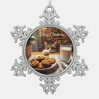 Cute Tabby Cat Reaching for Cookies Christmas Snowflake Pewter Christmas Ornament