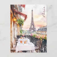 Paris Eiffel Tower Balcony Watercolor Art Travel Postcard