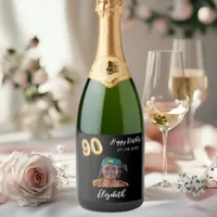 90th Birthday black gold photo Sparkling Wine Label