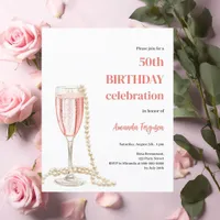 Birthday pink sparkling wine pearls invirtation