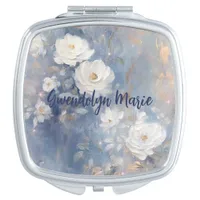 White Roses Blue Background Personalized Compact Mirror