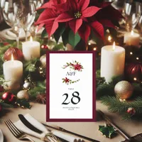 Watercolor Poinsettia and Holly Christmas Wedding Table Number