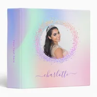 Holographic photo pink purple name script 3 ring binder