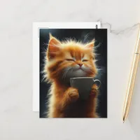 Happy Cute Ginger Kitten With a Coffee Postcard