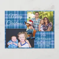 Merry Christmas  Family Photo Blue  Plaid Postcard