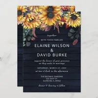 Rustic Navy Barn Wood Country Sunflowers Wedding Invitation