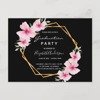 Tropical florals black graduation party invitation postcard