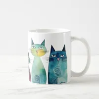 Orange Blue Green Watercolor Quirky Cats Coffee Mug