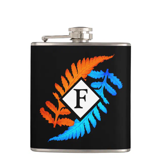 Blue Orange Japanese Painted Ferns Monogram Flask