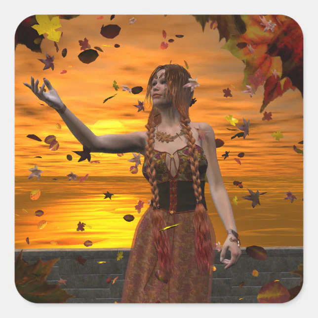 Elf in Falling Leaves Against an Autumn Sunset