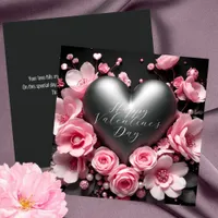 Elegant Metallic Heart & Pink Flowers Valentine's  Card