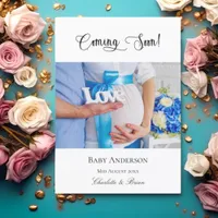 Pregnancy coming soon pregnant baby photo blue announcement