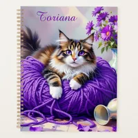 Pretty Cat with Purple Flowers and Yarn   Planner