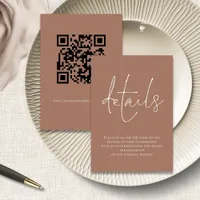 Minimalist Script QR Code Wedding Brown Details Enclosure Card