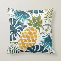 Tropical palm tree leaves pineapple green white throw pillow