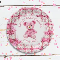 Cute Crocheted Teddy Bear Girl's Baby Shower Paper Plates