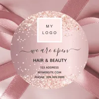 Logo reopening hair beauty salon rose gold classic round sticker